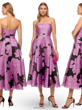 ML Monique Lhuillier Elle Strapless Midi Dress Purple Black $725 Size 4